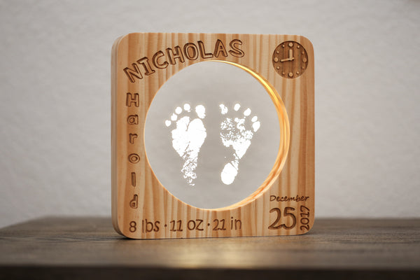 Personalized Baby Night Light, features your babies footprints, lighted decor, LED wooden lamp, children’s gift, decor, personalized decor