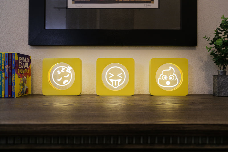 Sneezy EmojiGLO - Emoji based 2D LED Light in iconic Emoji Yellow/Red wood frame with interchangeable emojis