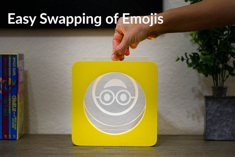 Silly EmojiGLO - Emoji based 2D LED Light in iconic Emoji Yellow/Red wood frame with interchangeable emojis