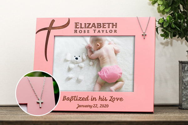 Personalized Baptism Gift, Dedication, Christening - Custom Frame and Baby Cross Necklace gift set  for Godchild or First Communion