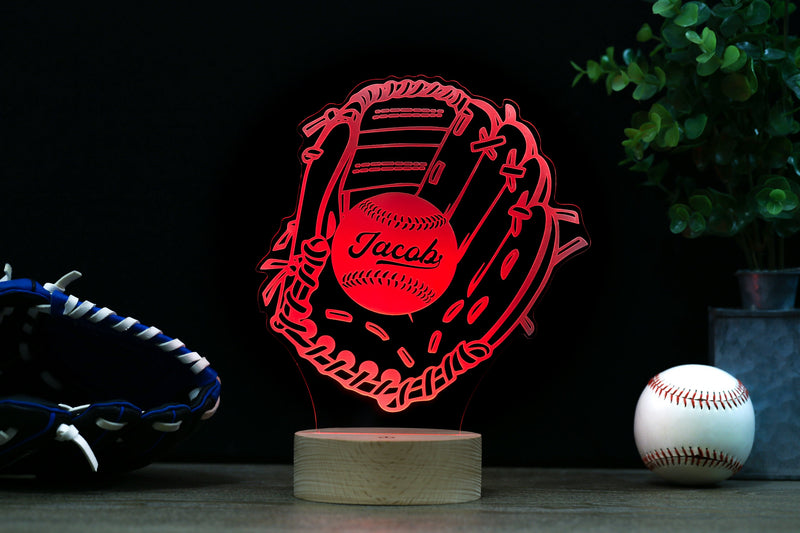 Baseball Glove LED Night Light, Kid's Glove & Ball Decor Lamp Birthday Gift, Coach Name Sign, Fathers Day Premium HoloGLO (ACR-WA130)