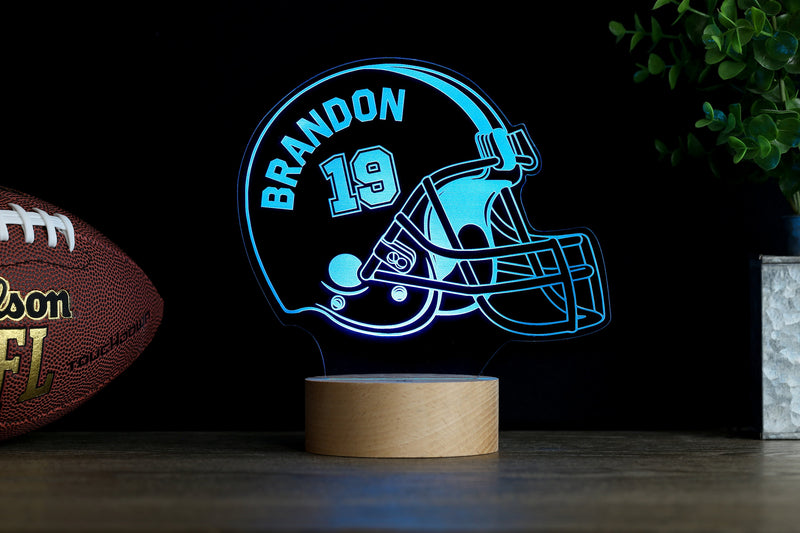 Football Helmet LED Night Light, Kid's Football Decor Lamp, Birthday Gift, Coach Name Sign, Fathers Day Premium HoloGLO (ACR-WA130)