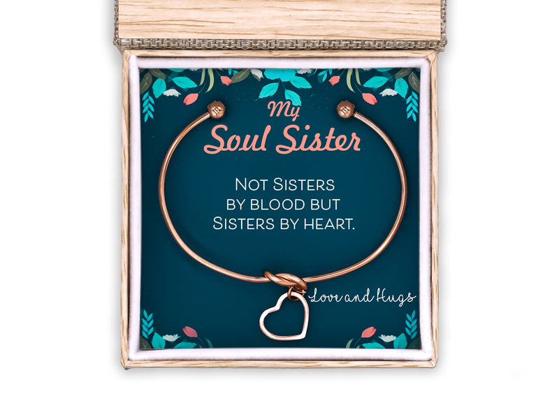 Soul Sister Heart Bracelet Gift, Unbiological Sister Charm Bangle, Long Distance Best Friend Birthday, Miss You Sorority Sister