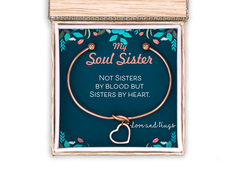 Soul Sister Heart Bracelet Gift, Unbiological Sister Charm Bangle