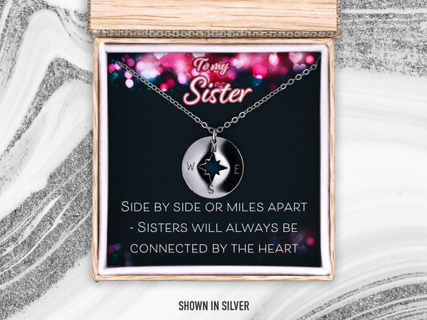 Sister Compass Necklace Gift, Long Distance Gift, Sister Gift for Wedding, Birthday or Christmas,  Mothers Day Gift for Sister