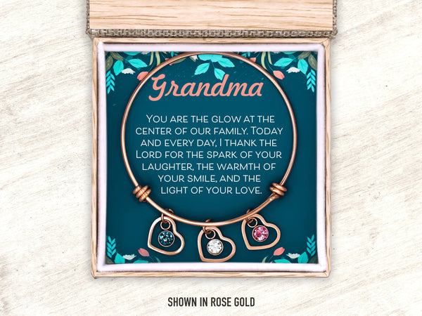 Grandma Birthstone Bangle Gift, Custom Mothers Day Heart Charm for Abuela, Family Tree Christmas or Birthday Bracelet