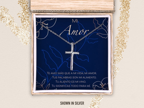 Mi Amor Cross Necklace Gift, Anniversary I Love You Jewelry for Wife, Mothers Day Christian Faith Pendant, Large Simple Silver Cross