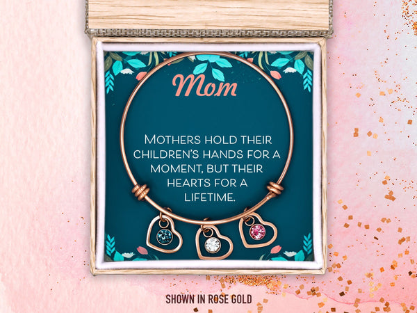 Family Birthstone Bangle Bracelet Gift, Custom Mothers Day Heart Charm for Nana, Grandma Family Tree Personalized Name Charms