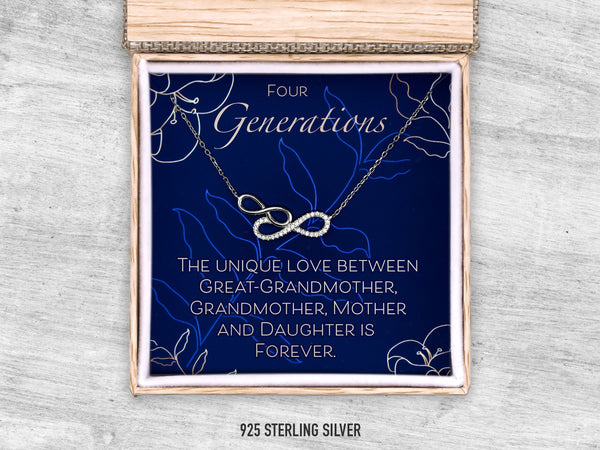 Four Generations Stone Necklace Gift for Great-Grandmother, Grandmother, Mom & Granddaughter, Mothers Day Family Tree Interlocking Pendant
