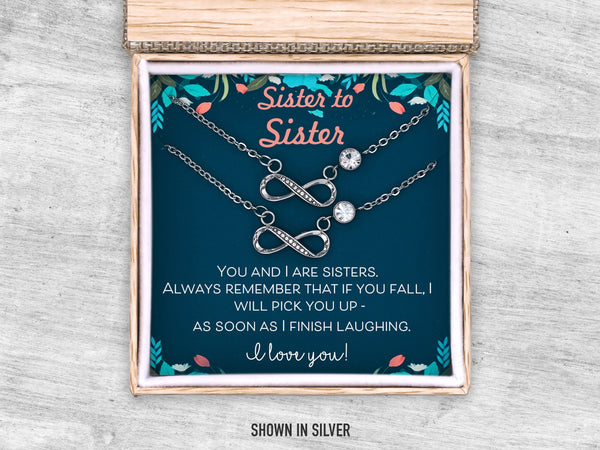 Sister Double Infinity Necklace Gift, Big Sis Little Sister Humor Support Jewelry, Sister in Law Family Birthday or Christmas Pendant