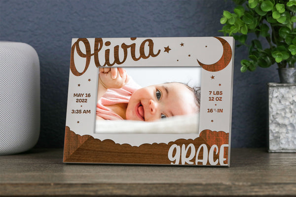Baby Moon and Stars Picture Frame, Nursery Decor, Personalize Birth Stat Gift, Baby Announcement Frames for Newborn Girl or Boy (FRA-W141)